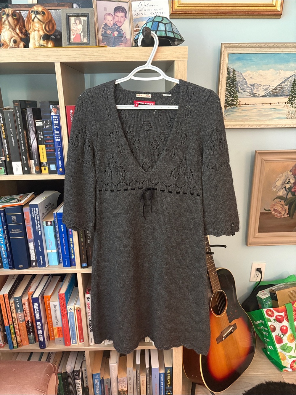 Vintage Charcoal Knit V-Neck Tunic Sweater Dress